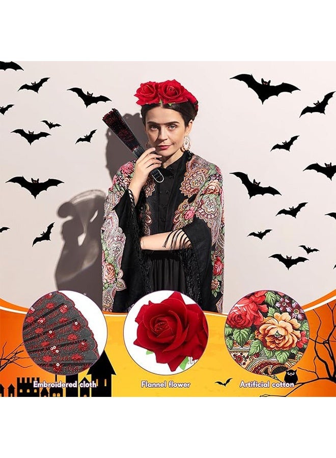 Unewshi 4 Pcs Traditional Mexican Flamenco Dress for Women Tassel Mexican Scarf Shawl Halloween Day of the Dead Costumes - Image 3