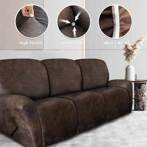 ANARACHON Leather Look Recliner Couch Cover 8-Piece Recliner Sofa Slipcovers 3 Seater for Reclining Couches Furniture Protector Spandex Fabric Washable (Recliner Sofa, Brown) - Image 5