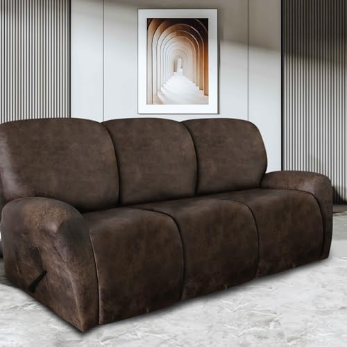 ANARACHON Leather Look Recliner Couch Cover 8-Piece Recliner Sofa Slipcovers 3 Seater for Reclining Couches Furniture Protector Spandex Fabric Washable (Recliner Sofa, Brown) - Image 2