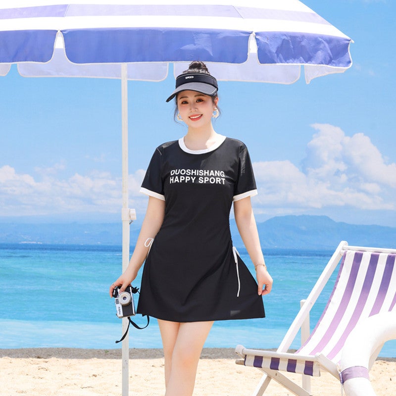 Extra large hot spring swimsuit womens one-piece boxer conservative slimming belly covering plus size fat girl fat girl fashion swimsuit women 83062 Black  - Image 4
