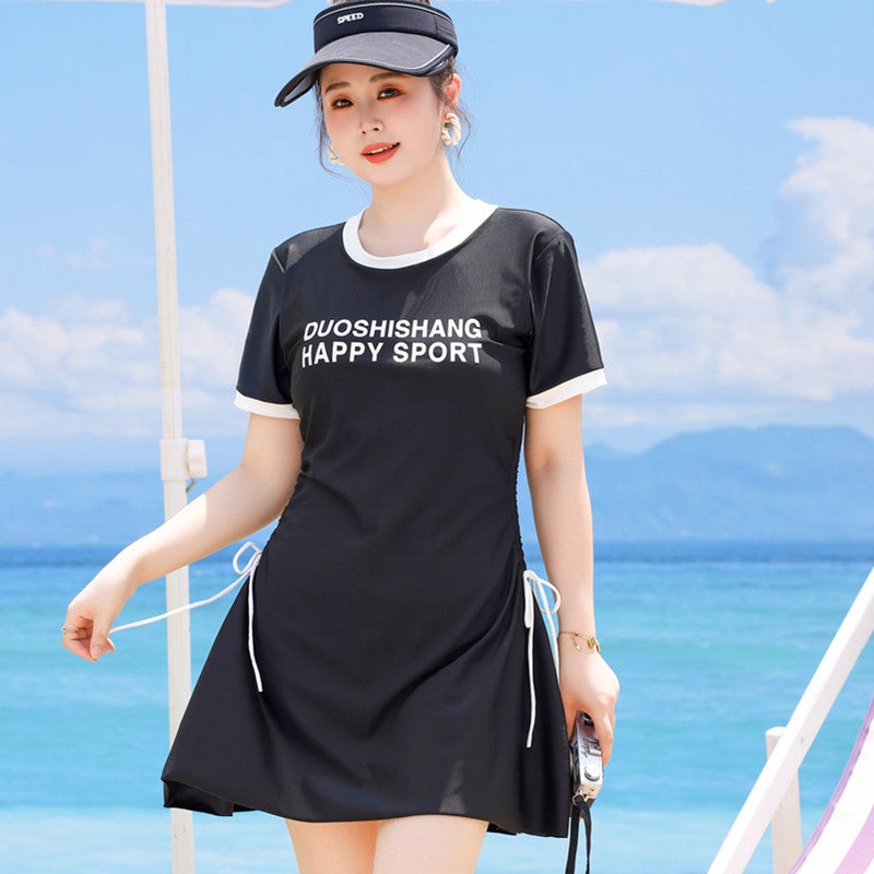 Extra large hot spring swimsuit womens one-piece boxer conservative slimming belly covering plus size fat girl fat girl fashion swimsuit women 83062 Black  - Image 1