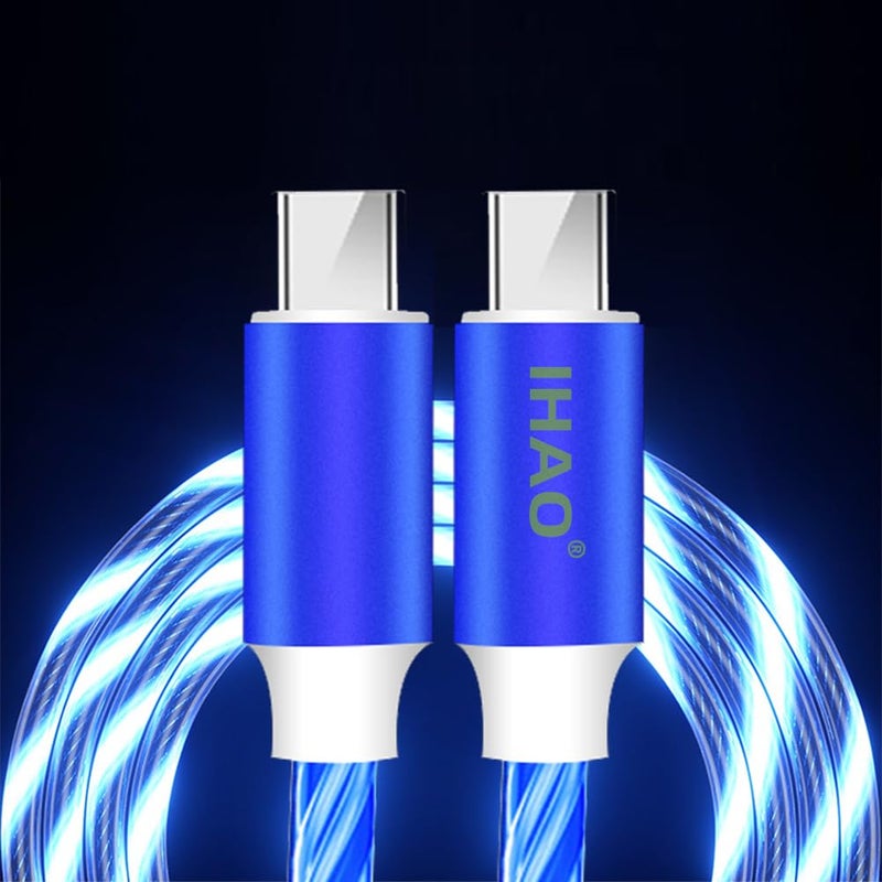 IHAO USB Type C to Type C PD 60W Fast Charging Cable Phone Charger High Data Speed Cool Light Up LED Current Flowing for All USB C Device-Blue/39 Inches - Image 1