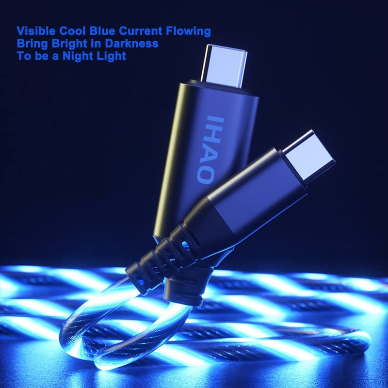 IHAO USB Type C to Type C PD 60W Fast Charging Cable Phone Charger High Data Speed Cool Light Up LED Current Flowing for All USB C Device-Blue/39 Inches - Image 3