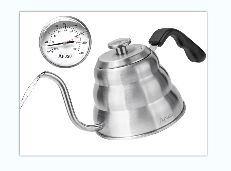 Apusu Pour Over Kettle for Manual Drip Coffee and Tea with Thermometer 28oz Gooseneck Kettle with Flow Control Stainless Steel Water Kettle for Stovetop,800ml,4 Cup,Silver,1Pack - Image 1