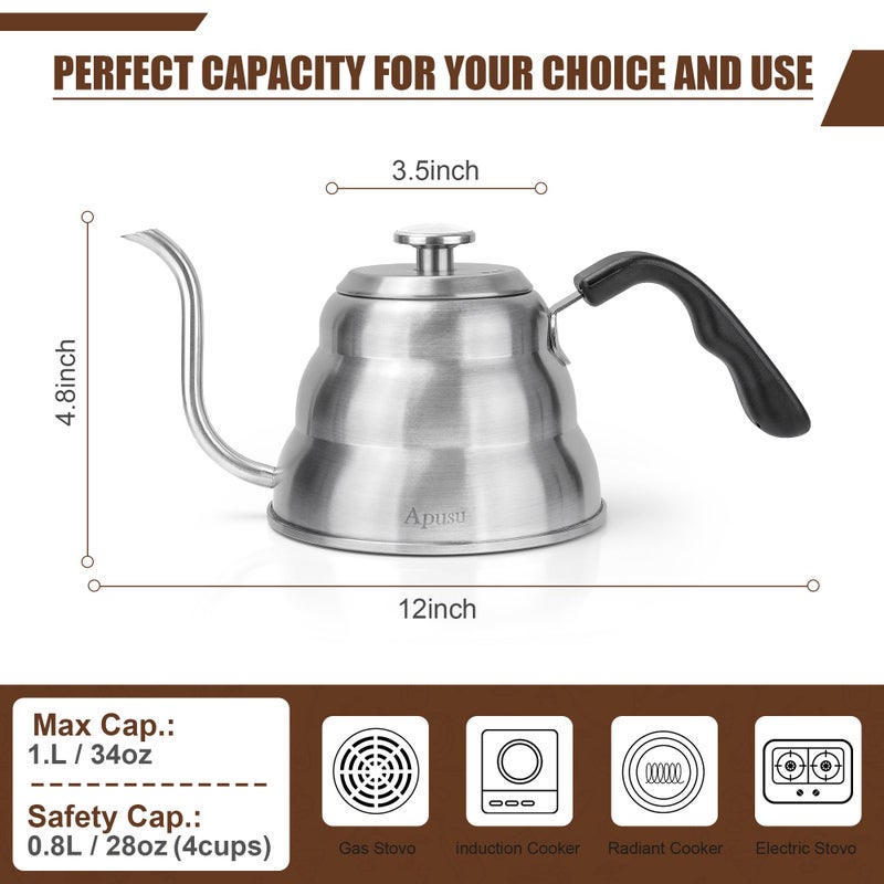 Apusu Pour Over Kettle for Manual Drip Coffee and Tea with Thermometer 28oz Gooseneck Kettle with Flow Control Stainless Steel Water Kettle for Stovetop,800ml,4 Cup,Silver,1Pack - Image 3