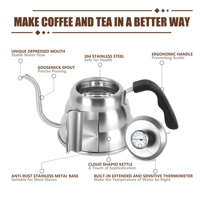 Apusu Pour Over Kettle for Manual Drip Coffee and Tea with Thermometer 28oz Gooseneck Kettle with Flow Control Stainless Steel Water Kettle for Stovetop,800ml,4 Cup,Silver,1Pack - Image 4