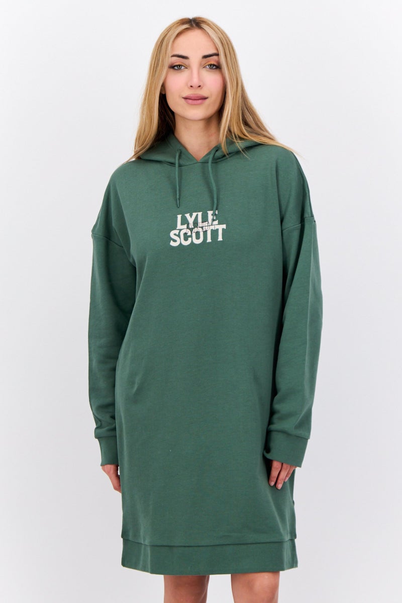 Lyle & Scott Women Hooded Long Sleeve Brand Logo Sweatshirt Dress, Green - Image 1