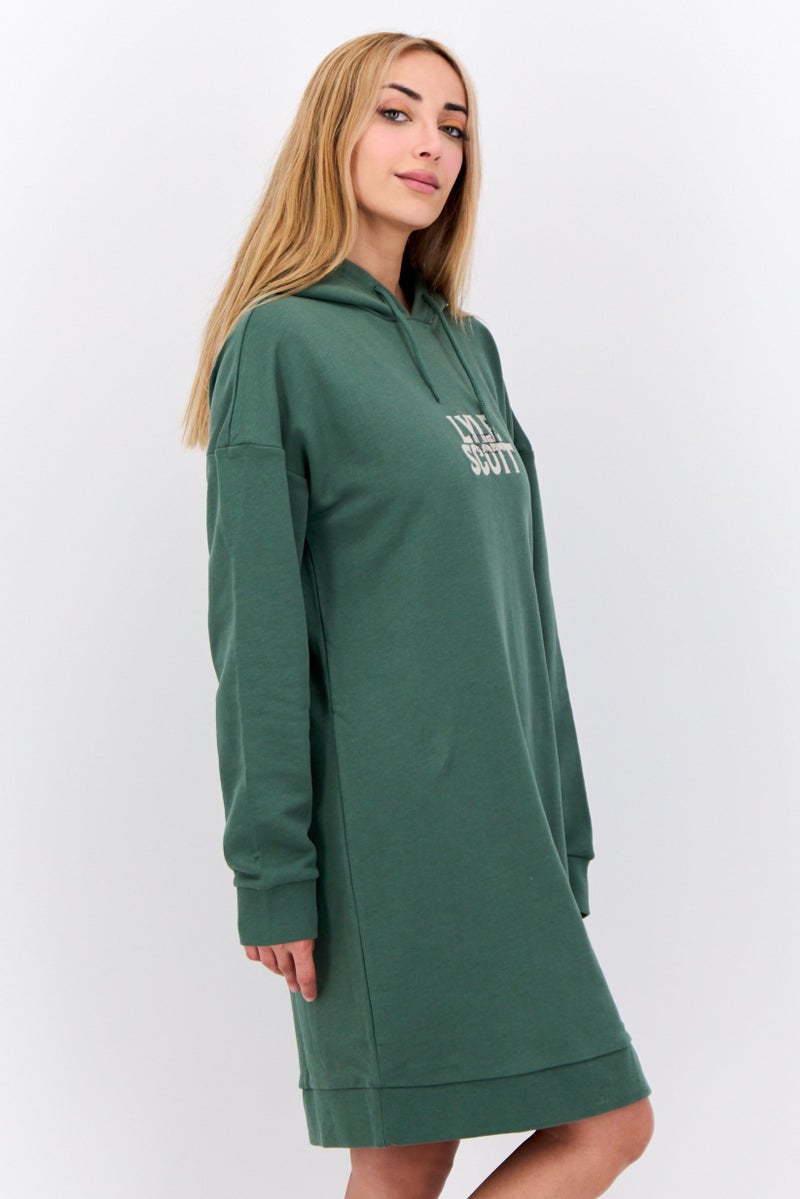 Lyle & Scott Women Hooded Long Sleeve Brand Logo Sweatshirt Dress, Green - Image 3