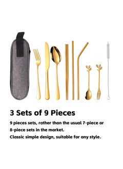 Teuuea 3X 9 Pieces Portable Stainless Steel Flatware Set, Reusable Travel Utensils Cutlery Set, Camping Tableware Dishwasher Safe with Case, Knife Fork Spoon Straws Chopsticks Cleaning Brush (Golden)  - Image 2