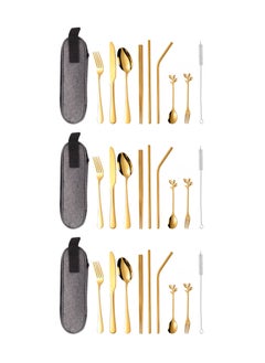 Teuuea 3X 9 Pieces Portable Stainless Steel Flatware Set, Reusable Travel Utensils Cutlery Set, Camping Tableware Dishwasher Safe with Case, Knife Fork Spoon Straws Chopsticks Cleaning Brush (Golden)  - Image 1