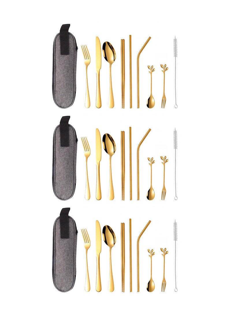 Teuuea 3X 9 Pieces Portable Stainless Steel Flatware Set, Reusable Travel Utensils Cutlery Set, Camping Tableware Dishwasher Safe with Case, Knife Fork Spoon Straws Chopsticks Cleaning Brush (Golden)  - Image 1