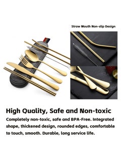 Teuuea 3X 9 Pieces Portable Stainless Steel Flatware Set, Reusable Travel Utensils Cutlery Set, Camping Tableware Dishwasher Safe with Case, Knife Fork Spoon Straws Chopsticks Cleaning Brush (Golden)  - Image 3