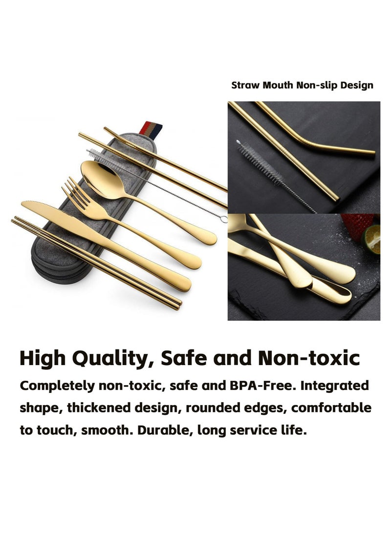 Teuuea 3X 9 Pieces Portable Stainless Steel Flatware Set, Reusable Travel Utensils Cutlery Set, Camping Tableware Dishwasher Safe with Case, Knife Fork Spoon Straws Chopsticks Cleaning Brush (Golden)  - Image 3