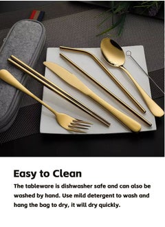 Teuuea 3X 9 Pieces Portable Stainless Steel Flatware Set, Reusable Travel Utensils Cutlery Set, Camping Tableware Dishwasher Safe with Case, Knife Fork Spoon Straws Chopsticks Cleaning Brush (Golden)  - Image 5