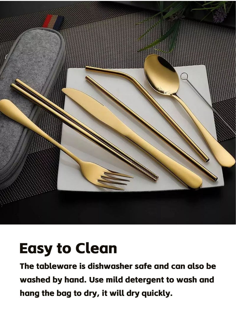 Teuuea 3X 9 Pieces Portable Stainless Steel Flatware Set, Reusable Travel Utensils Cutlery Set, Camping Tableware Dishwasher Safe with Case, Knife Fork Spoon Straws Chopsticks Cleaning Brush (Golden)  - Image 5