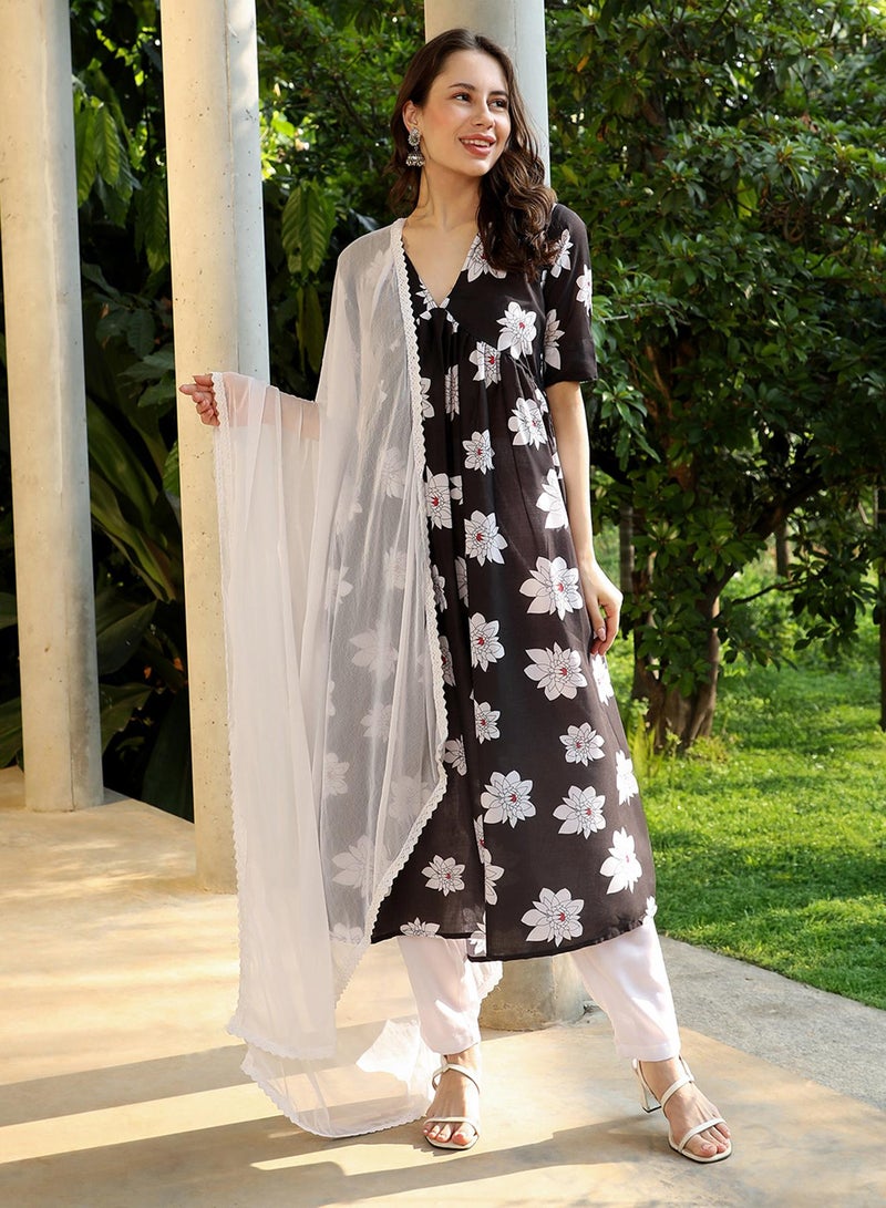 QISSA Women's Midnight Black Water Lilies Kurta With Trousers And Dupatta  - Image 1
