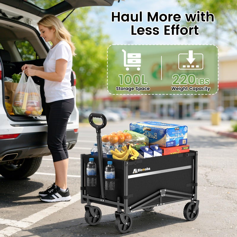 Blomoba Collapsible Wagon Cart, Flexible Handle, Portable Collapsible Wagon with All-Terrain Wheels 360Â° Rotation, 220LBS Heavy Duty Utility Cart for Garden Camping Grocery Sports Shopping Beach - Image 2
