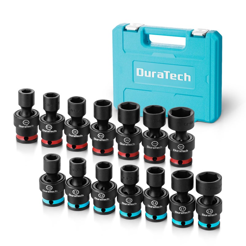 DURATECH 38 Drive Impact Swivel Socket Set Shallow Universal Wobble SAE Metric With Flexible Joint 14 Pieces CrMo Steel 6 Points Organized in Sturdy Storage Case - Image 2
