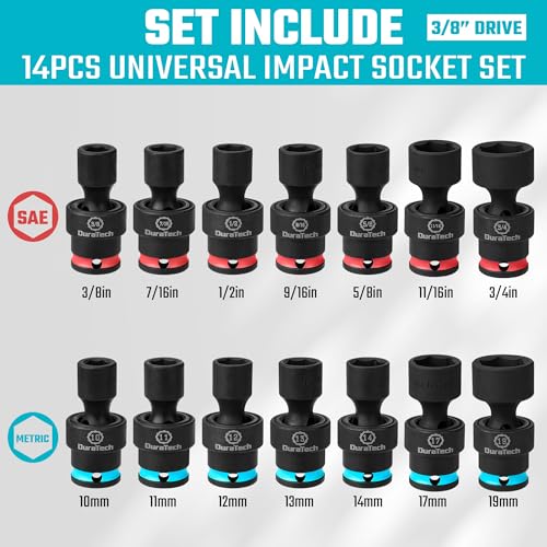 DURATECH 38 Drive Impact Swivel Socket Set Shallow Universal Wobble SAE Metric With Flexible Joint 14 Pieces CrMo Steel 6 Points Organized in Sturdy Storage Case - Image 3