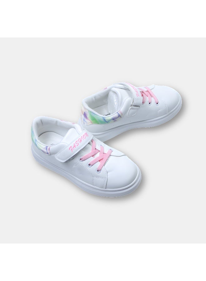 Girls' shoes white with pink lace and soft color touches with velcro sticker