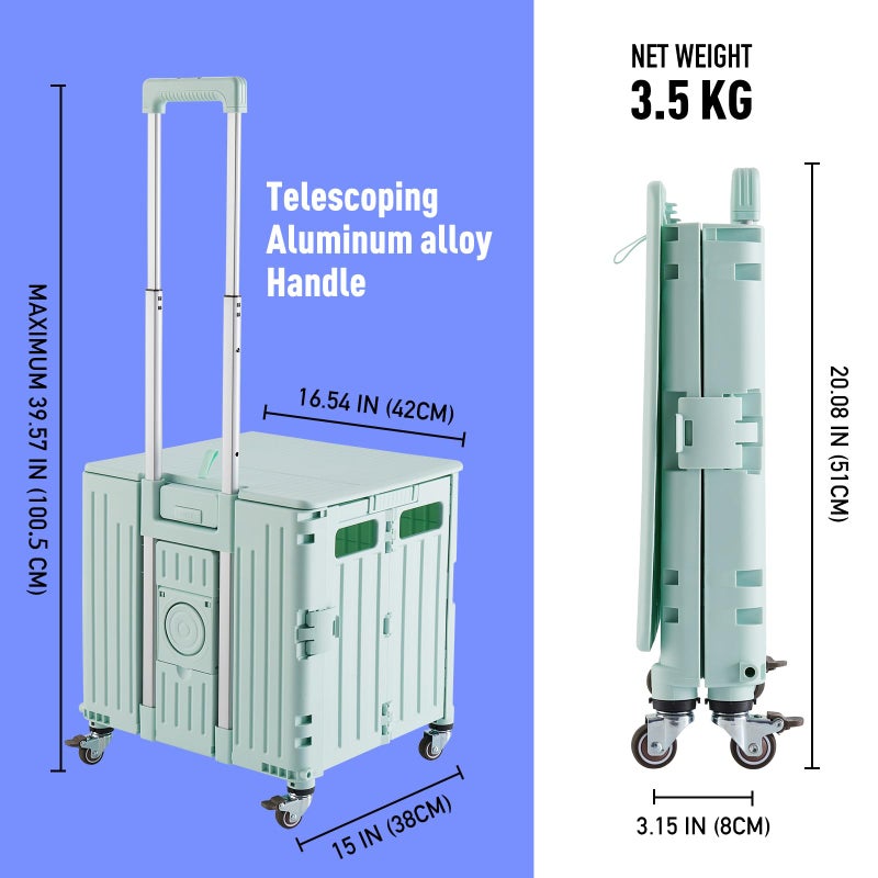 SUBICOO Folding Utility Cart Portable Rolling Crate Handcart Shopping Trolley Collapsible Tool Box, with Lid, on 4 Rotate Wheels, for Grocery, Shopping, Office, Camp, Teacher (Green) - Image 4
