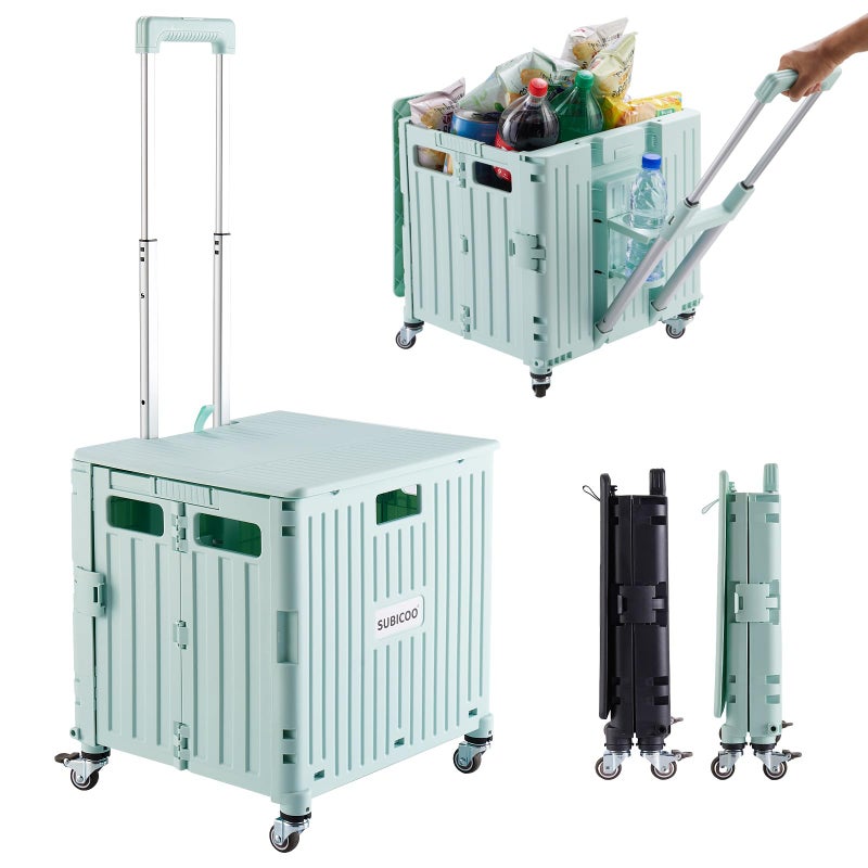 SUBICOO Folding Utility Cart Portable Rolling Crate Handcart Shopping Trolley Collapsible Tool Box, with Lid, on 4 Rotate Wheels, for Grocery, Shopping, Office, Camp, Teacher (Green) - Image 1