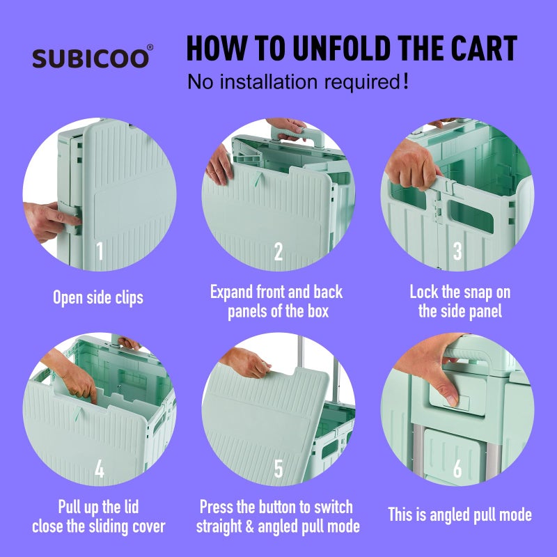 SUBICOO Folding Utility Cart Portable Rolling Crate Handcart Shopping Trolley Collapsible Tool Box, with Lid, on 4 Rotate Wheels, for Grocery, Shopping, Office, Camp, Teacher (Green) - Image 5