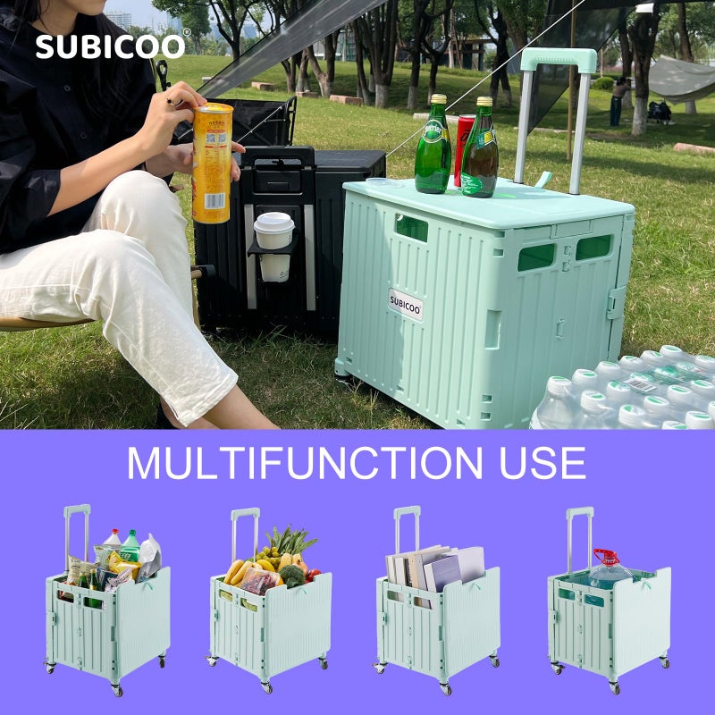 SUBICOO Folding Utility Cart Portable Rolling Crate Handcart Shopping Trolley Collapsible Tool Box, with Lid, on 4 Rotate Wheels, for Grocery, Shopping, Office, Camp, Teacher (Green) - Image 2