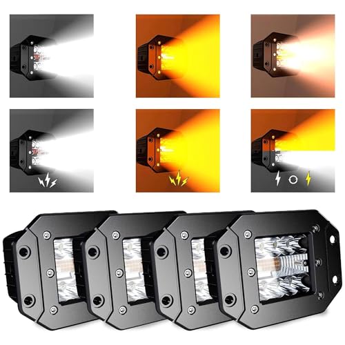 ASLONG 4PCS 5Inch LED Flush Mount 6 Modes Amber/White Flasing Strobe Pods Fog Lights Offroad Backup Light Reverse Light Grill Mount Light with Switch Wiring Harness for Trucks Boat Golf Cart SUV ATV - Image 1