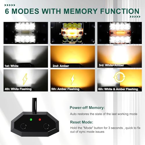 ASLONG 4PCS 5Inch LED Flush Mount 6 Modes Amber/White Flasing Strobe Pods Fog Lights Offroad Backup Light Reverse Light Grill Mount Light with Switch Wiring Harness for Trucks Boat Golf Cart SUV ATV - Image 3