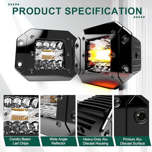 ASLONG 4PCS 5Inch LED Flush Mount 6 Modes Amber/White Flasing Strobe Pods Fog Lights Offroad Backup Light Reverse Light Grill Mount Light with Switch Wiring Harness for Trucks Boat Golf Cart SUV ATV - Image 4