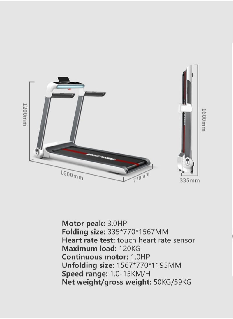 3.0HP 1-15km/h Small Household Indoor Silent Treadmill Walking Machine, Foldable Multifunctional Fitness Equipment, 120kg Load-Bearing