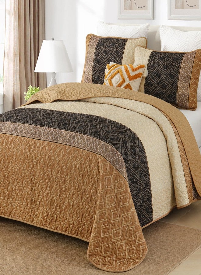 Cottolester Brown Quilt Set Full Size 3 Pieces,Boho Striped Bedspread,Farmhouse Plaid Bedding Set Soft Microfiber Quilt with 2 Pillow Shams 78"x90" - Image 1