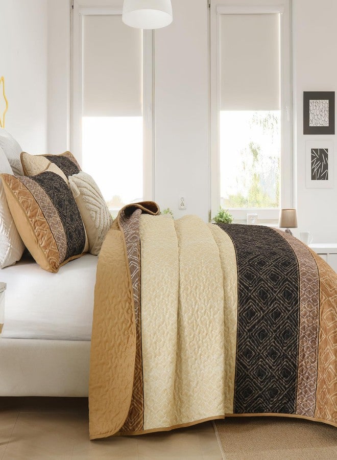 Cottolester Brown Quilt Set Full Size 3 Pieces,Boho Striped Bedspread,Farmhouse Plaid Bedding Set Soft Microfiber Quilt with 2 Pillow Shams 78"x90" - Image 4