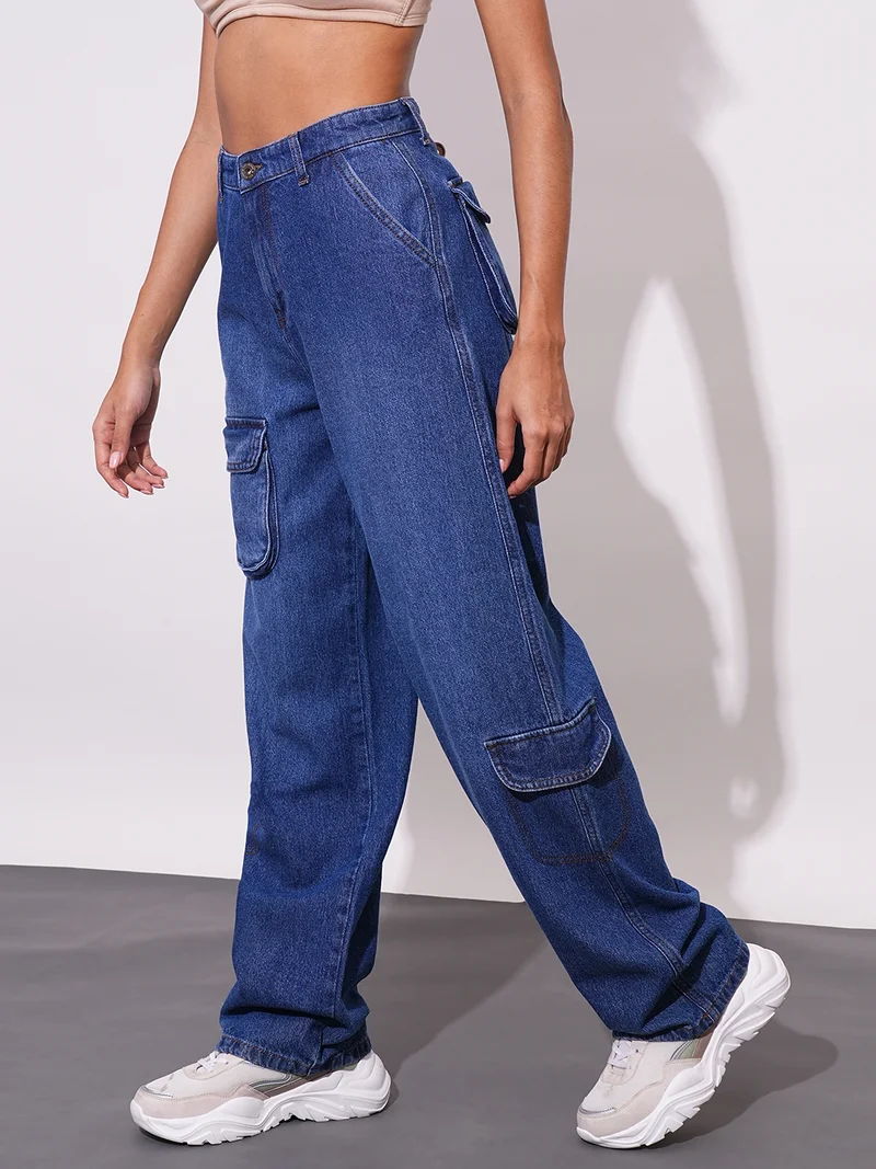 globus Women Blue Straight Fit Mid-Rise Clean Look Light Fade Cotton Cargo Style Jeans