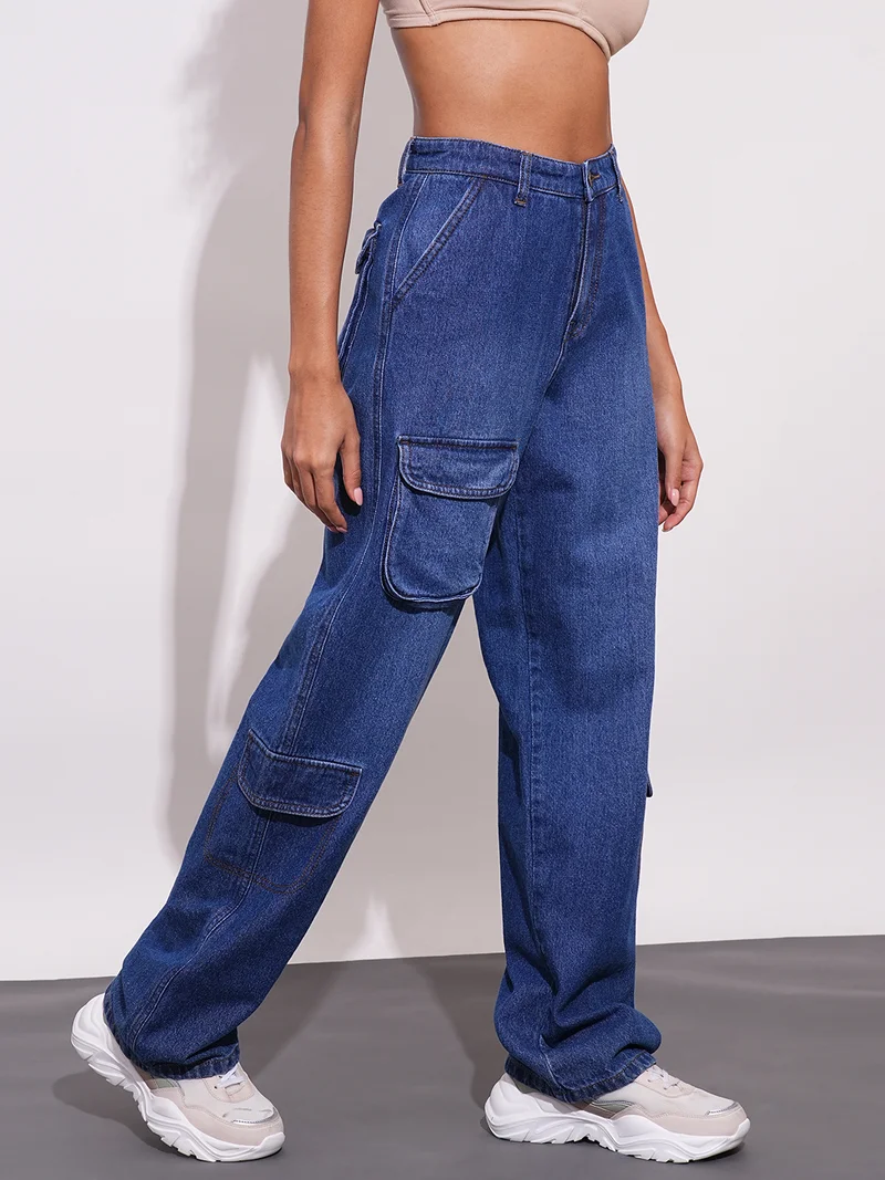 globus Women Blue Straight Fit Mid-Rise Clean Look Light Fade Cotton Cargo Style Jeans