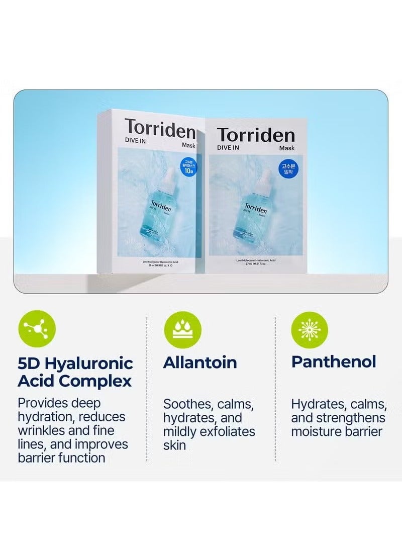Torriden DIVE IN Hyaluronic Acid Facial Mask (10 sheets) | Extra Moisturizing Care | Hyaluronic Acid, Panthenol, Allantoin | Korean Face Mask - Image 4
