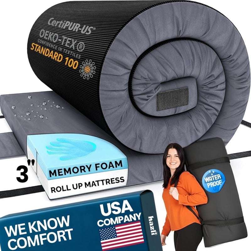 Hazli 3â€™â€™ Matrix AirCell Memory Foam Camping Mattress Pad - Roll Up Mattress for Adults - Portable Cot Sleeping Pad for Camping - Floor Mat or Bed Roll for Car, SUV - 72â€™â€™ X 26â€™â€™ - Image 1