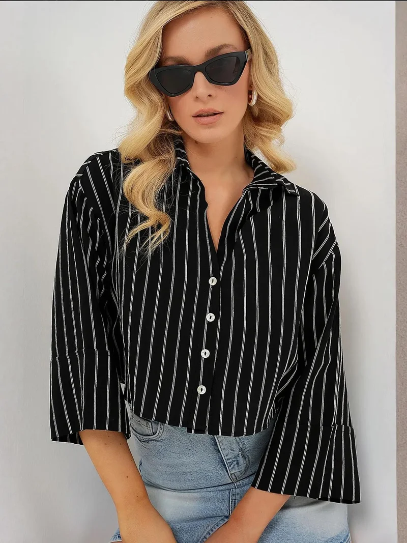بيغ دارت BDART Oversized Striped Cropped Shirt with Button Closure