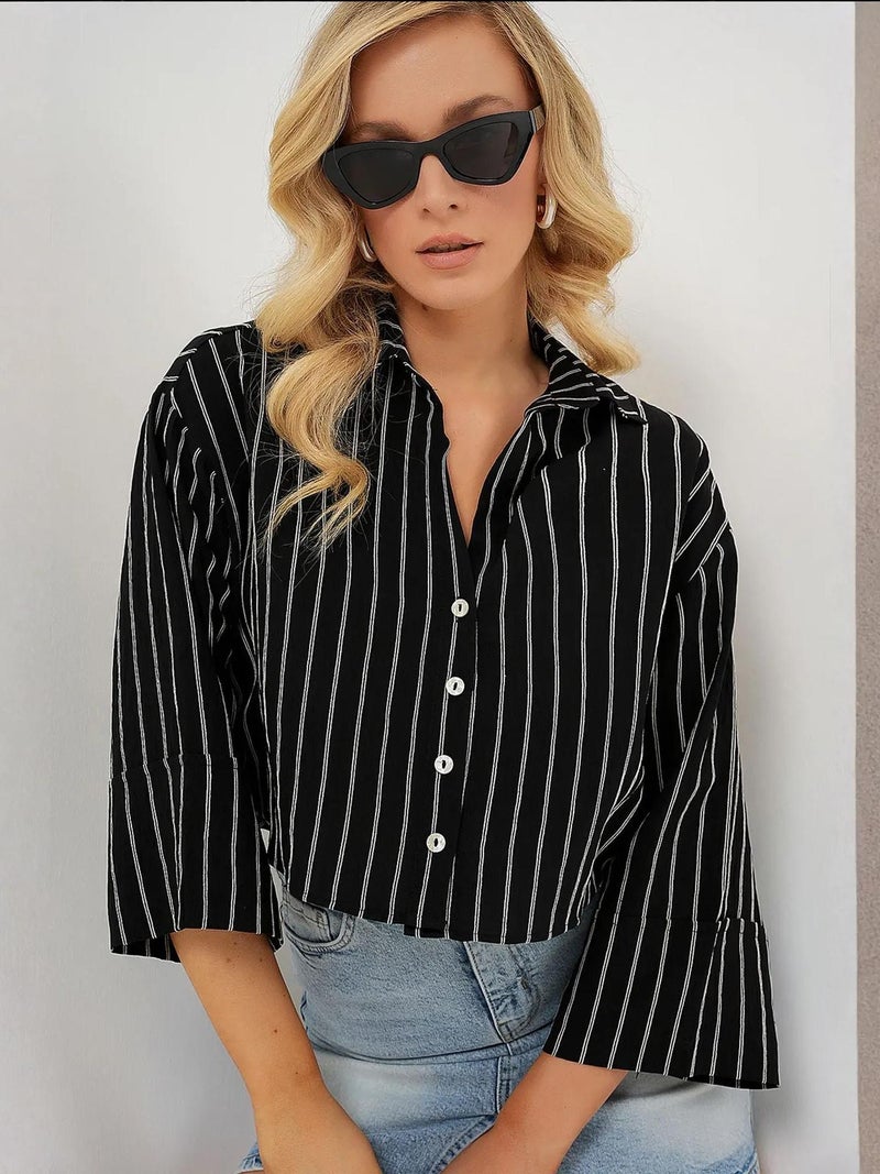 BIG DART BDART Oversized Striped Cropped Shirt with Button Closure - Image 1