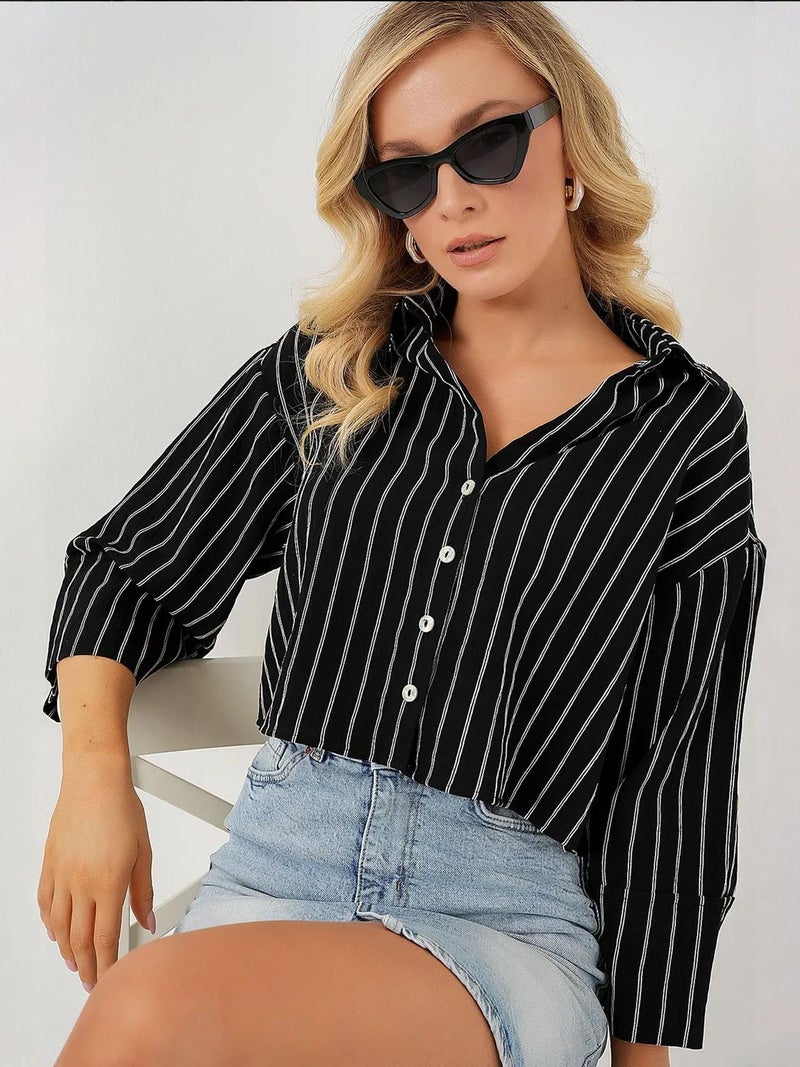 BIG DART BDART Oversized Striped Cropped Shirt with Button Closure - Image 4