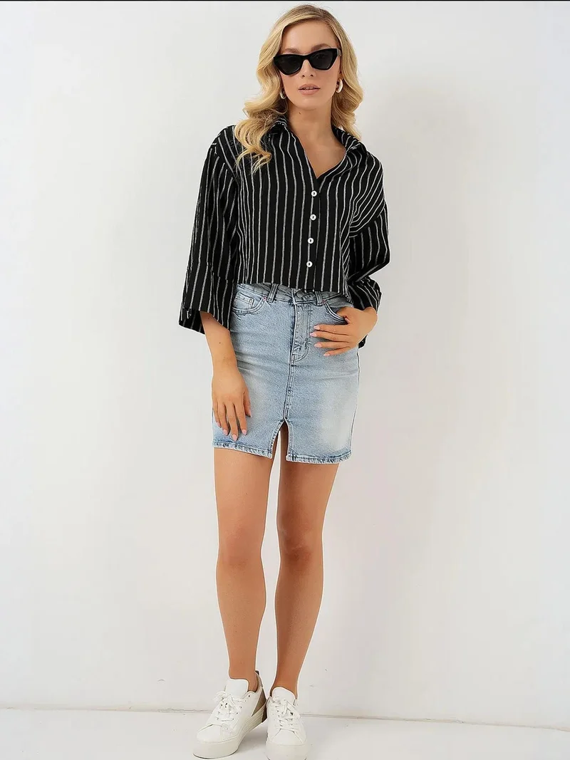 بيغ دارت BDART Oversized Striped Cropped Shirt with Button Closure