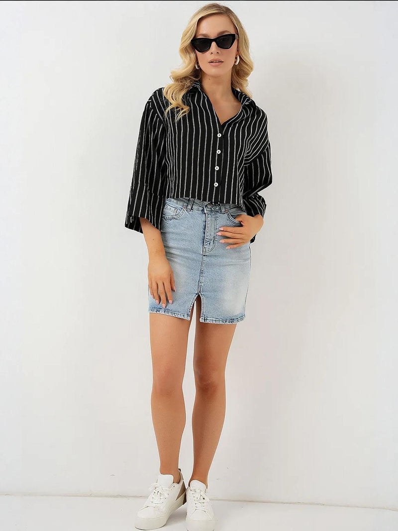 BIG DART BDART Oversized Striped Cropped Shirt with Button Closure - Image 2