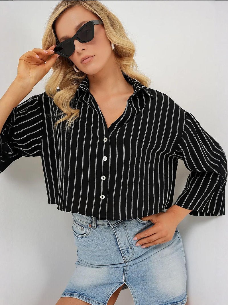 BIG DART BDART Oversized Striped Cropped Shirt with Button Closure - Image 3