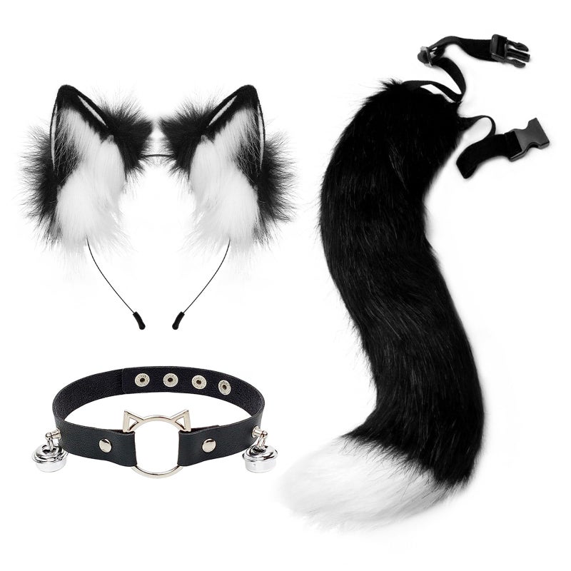 hbbhml Furry Animal Cat Fox Tail Faux Fur Wolf Ear Headband Leather Neck Chocker Costume Set for Party Halloween Cosplay - Image 1