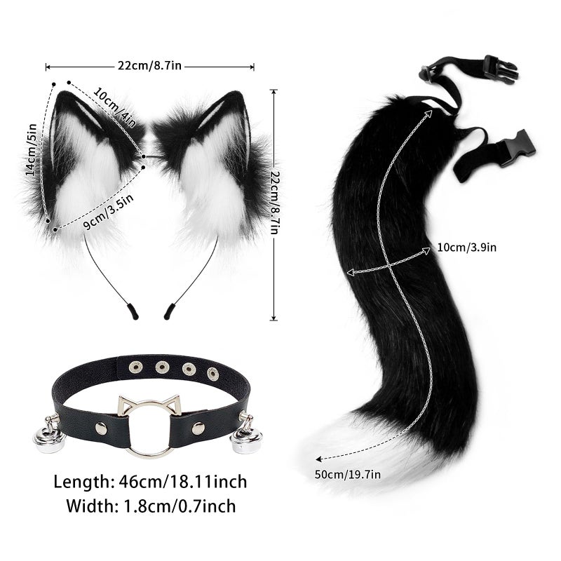 hbbhml Furry Animal Cat Fox Tail Faux Fur Wolf Ear Headband Leather Neck Chocker Costume Set for Party Halloween Cosplay - Image 2