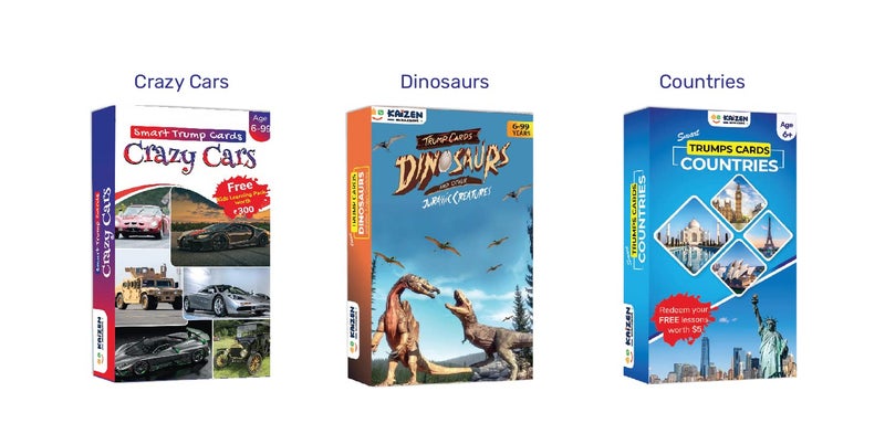 Kaizen MicroLessons Trump Card Game for Age 6-13. Learn While Playing. (3in1CountriesDinoCars) - Image 1