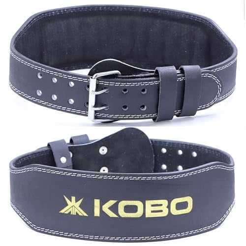 Kobo Weight Lifting Belt Gym Fitness, Natural Genuine Leather 4” Padded Back Support, 8 Adjustable Holes, Weightlifting Powerlifting Bodybuilding Deadlift Squat Workout Strength Training, Men Women - Image 1