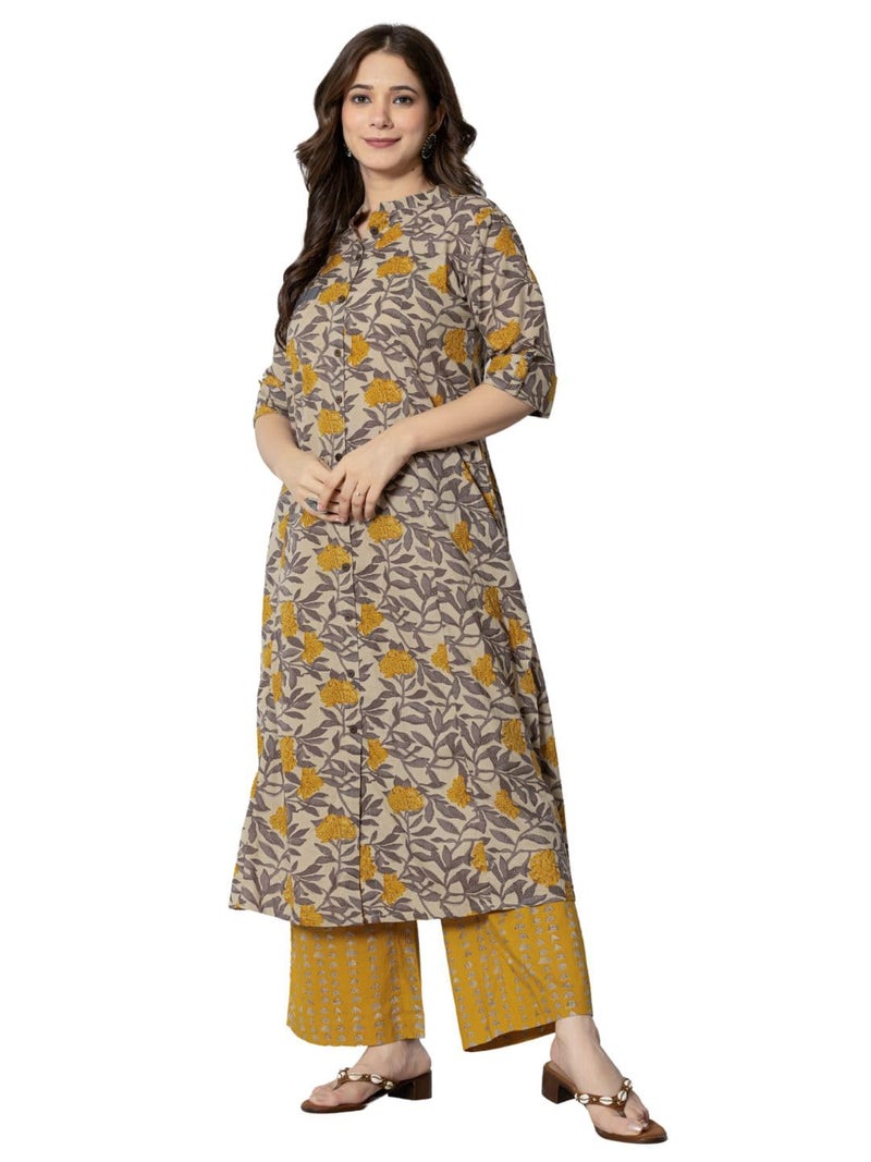 rytras Women's Cotton Printed A-Line Kurta with Palazzo Pant Set(Mustard,RYT583,S) - Image 3