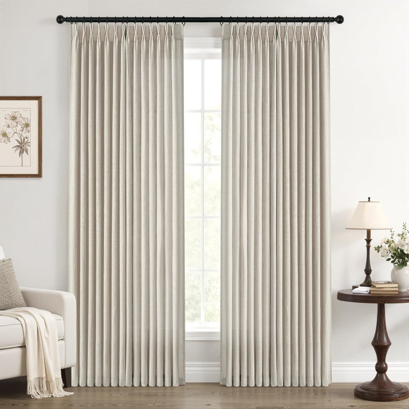 Drapenova Oatmeal Taupe Linen Sheer Curtains 96 Inches Long for Living Room 2 Panels Back Tab Pinch Pleated Drapes with Hooks Rings Light Filtering Burlap Farmhouse Ceiling Custom Made Memory Trained Curtain - Image 1